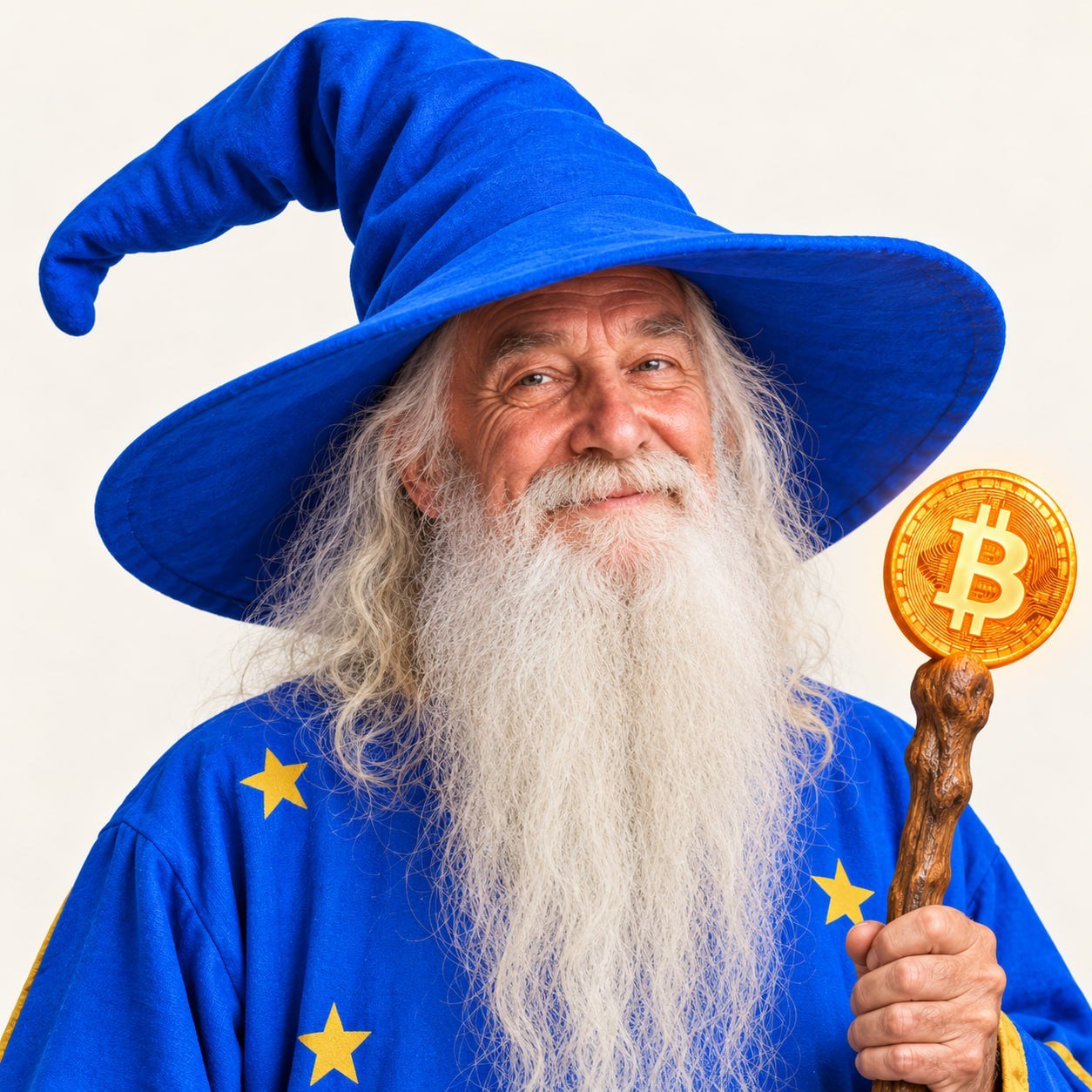 Supplied portrait of an embodied Bitcoin Wizard in a blue star-covered robe with a Bitcoin staff.
